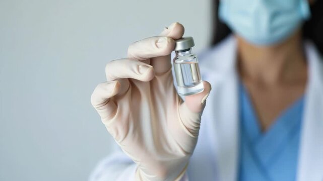 Doctor holds vaccine vial in gloves. Healthcare professional prepares injection. Clean laboratory setting with sterile environment. Vaccination, immunology procedure. Concept of prevention and