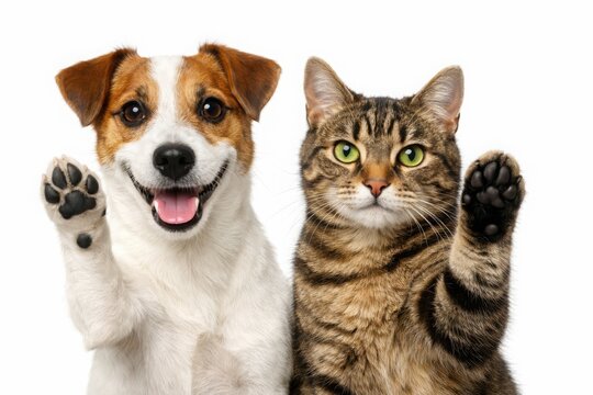 Happy dog and cat waving, adorable pet friends with paws raised, cheerful domestic animal companions, cute canine and feline duo for pet care and veterinary themes.