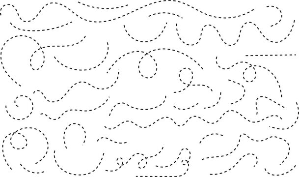 Curved and twisted dashed path travel dotted lines set. destination track vector sign, curvy and loopy travelling lines.
