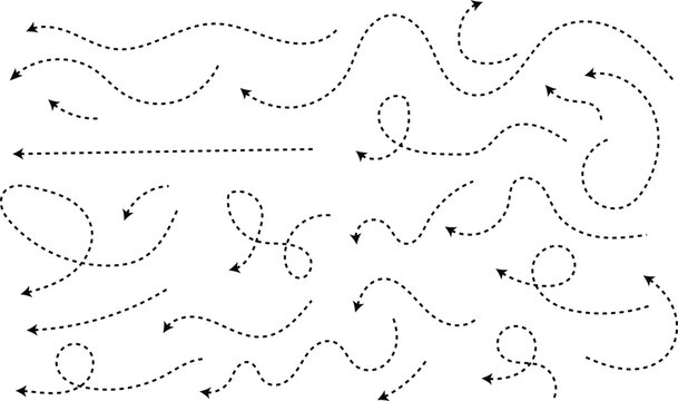 Dotted curved line arrow direction route path set, zigzag doodle arrow vector collection with dotted line design for navigation, routes, and creative graphics.