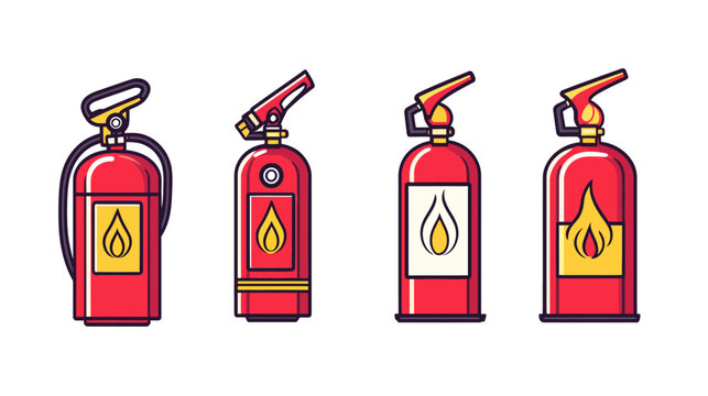 Four stylized illustrations of red fire extinguishers with different handle and label designs