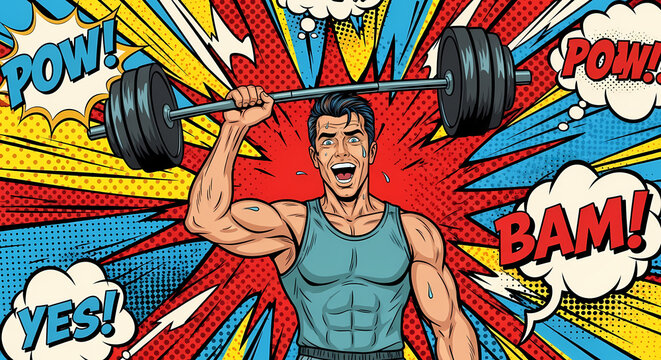 A muscular man lifting a barbell in a comic book style illustration, showcasing strength and power
