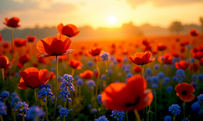 Fototapeta premium Vibrant red poppy field at sunset with soft blue wildflowers.