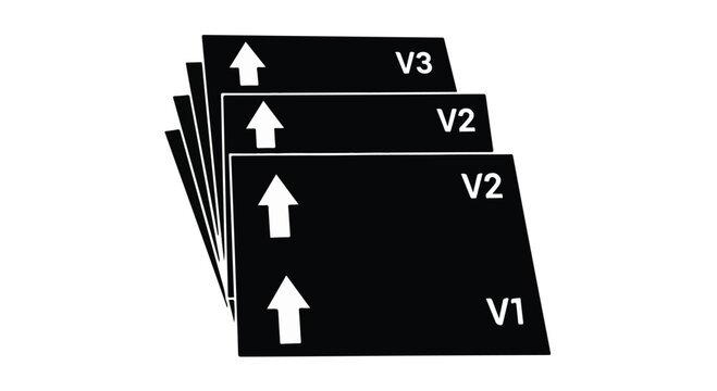 Black directional signs with white arrows and version labels V1, V2, V3 on white background, indicating progression or steps