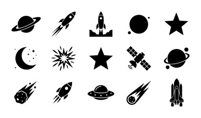 Space exploration icon set with 15 black vector silhouettes, minimalist galaxy and astronomy symbols, rocket ships and planets for UI design © Muhtasim