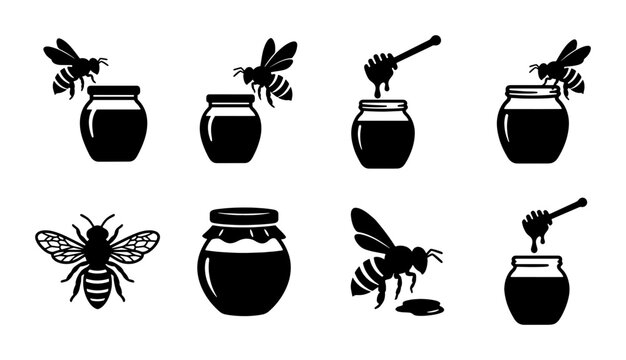 Black honey bee icons and glass jars set, 8 organic honey production vector symbols, minimalist bumblebee and honey dipper silhouettes for logo design