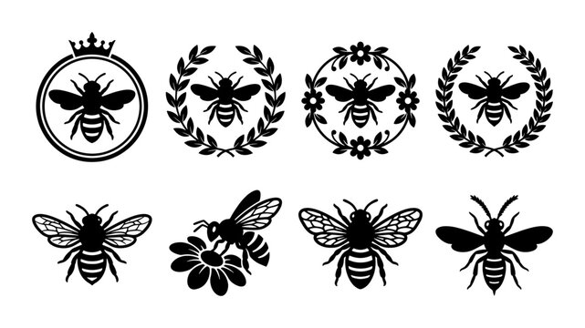 Vintage honey bee icons set, black bumblebee silhouettes with laurel wreaths and crown, 8 vector honeybee logo elements for organic branding