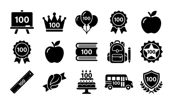 100 Days of School icon set, black solid vector symbols for education milestones, 15 school celebration elements for teachers and students