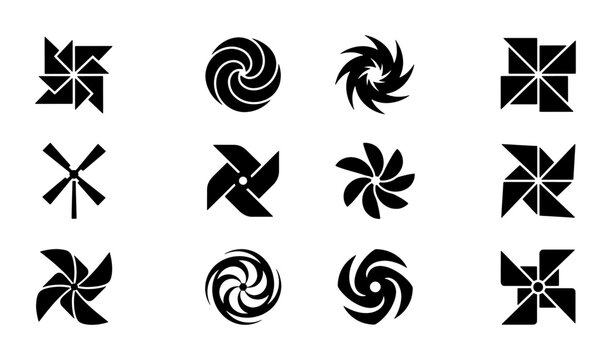 Minimalist black pinwheel icons set, 12 geometric windmill vector silhouettes, abstract paper fan and turbine symbols for branding and logo design