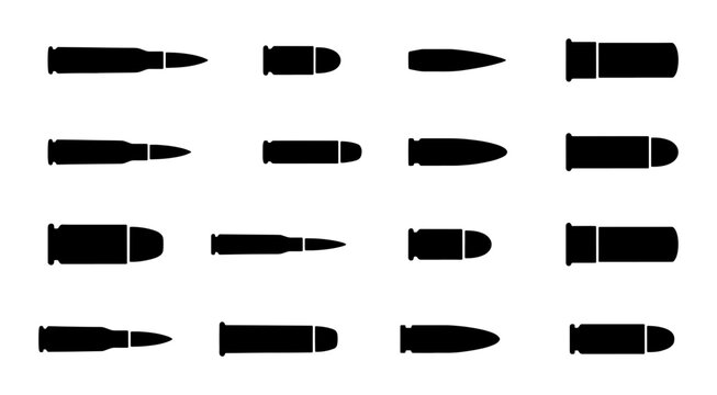 Bullet silhouette icon set, 16 ammunition vector elements for gun and rifle cartridges, black weapon projectile symbols on white background