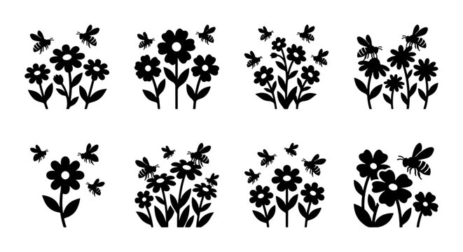 Minimalist black flower and bee silhouettes, set of 8 floral garden icons, botanical spring blossom vector illustrations for branding and logos
