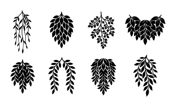 Black leaf silhouettes set, botanical hanging foliage icons, decorative floral branch vector elements, minimalist organic plant shapes for logo design