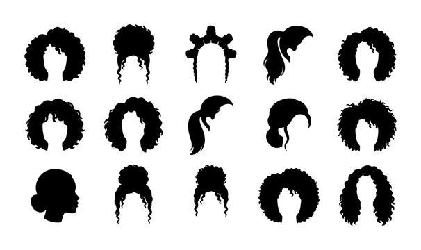 Natural hair silhouette collection, set of 15 black woman hairstyle icons, curly afro and ponytail vector elements for beauty branding