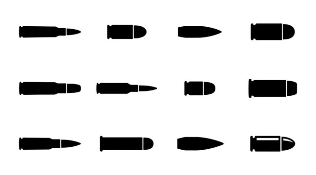 Bullet silhouette icons set of 12 vector elements, ammunition and gun cartridge symbols, military weapon ammunition types for hunting and defense