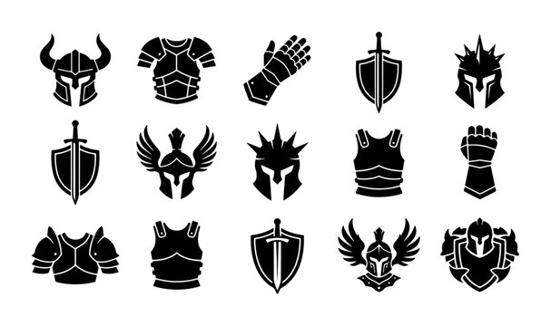 Medieval knight armor icons set, black silhouette warrior equipment collection, 15 fantasy battle gear vector elements for gaming and heraldry