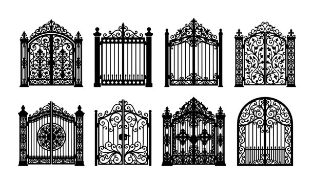 Wrought iron gate silhouettes, set of 8 decorative metal fence portals, vintage ornamental garden entrance vectors, classic architectural gate designs