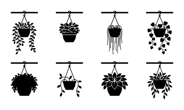 Minimalist hanging plants vector set, black silhouette houseplant icons in pots, collection of 8 indoor garden greenery elements for home decor