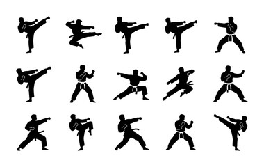 Martial arts karate silhouettes set, 15 black vector icons of fighters in action poses, taekwondo and judo combat positions for sports design © Fatema