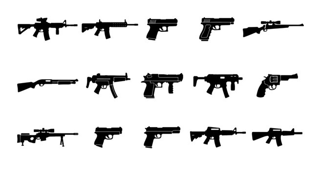 Military firearms silhouette collection, 15 black gun icons including assault rifles and handguns, tactical weapon vector set for gaming and security