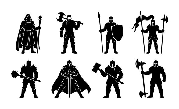 Medieval knight silhouettes set, fantasy warrior characters with swords and axes, 8 black vector icons of armored soldiers for gaming and history