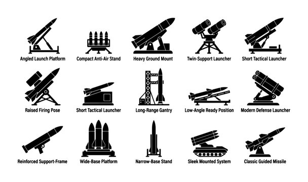 Military missile launcher icons set, 15 black silhouette rocket defense systems, tactical ballistic weapon platforms and artillery vector collection