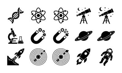 Science and astronomy icon set, 15 black vector elements for education, laboratory research symbols and space exploration graphics for web design © Jasim