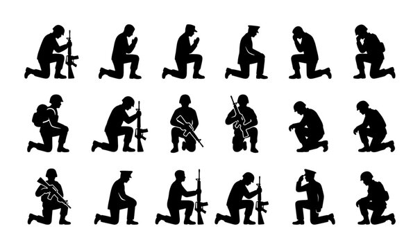 Military soldier silhouette set, 18 kneeling army veteran icons, praying and mourning infantry figures, black vector silhouettes for memorial day