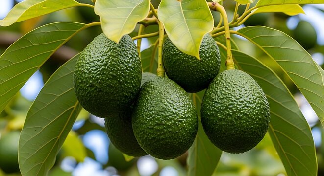A cluster of green avocados hanging from a tree branch with leaves on a sunny day outdoors in nature