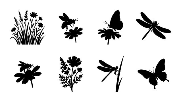 Black silhouette meadow insects and flowers, set of 8 vector icons, botanical garden butterfly and bee elements for nature design