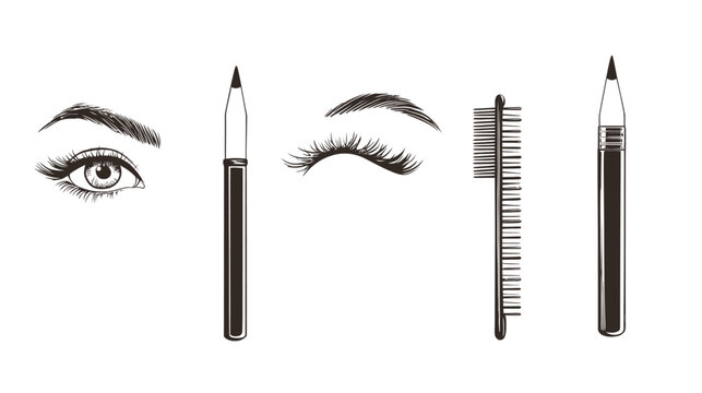 Black and white illustration featuring an eye, eyebrows, and makeup tools on a white background
