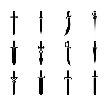 Medieval sword silhouettes and ancient dagger icons, set of 12 black vector weapon symbols, historical blade illustrations for gaming and heraldry