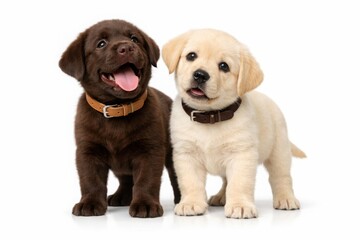 Obraz premium Adorable Labrador Retriever puppies, a charming pair of chocolate and yellow lab pups, cute dog friends for pet care and animal companionship.