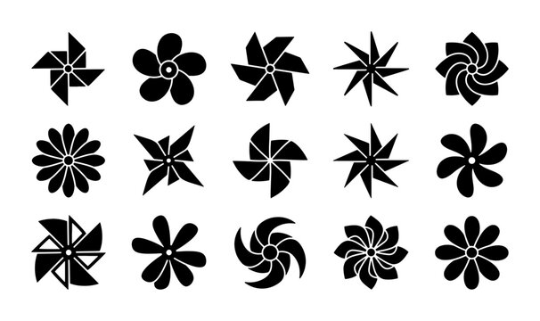 Minimalist black pinwheel icons set, 15 geometric paper windmill vector silhouettes, decorative floral spinning fan symbols for web design