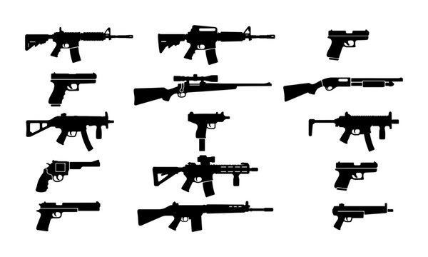Military weapon silhouettes set, 14 black gun icons including assault rifles and handguns, tactical firearm vector collection for gaming and security