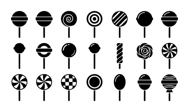 Minimalist lollipop icon set, black silhouette candy vector collection, 21 sweet confectionery symbols, flat sugar treat graphics for menu design