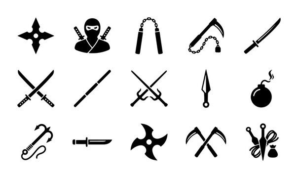 Ninja weapon icons set, 15 black silhouette shinobi equipment vectors, traditional Japanese martial arts combat tools, ancient assassin gear for gaming