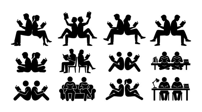 People reading books silhouette icons, collection of 12 vector figures studying and learning, black stick man characters in library or bookstore