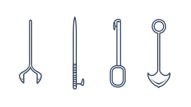 Four stylized, linear tools outlined in dark blue on a stark white background