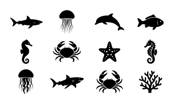 Black sea life silhouette icons set, 12 aquatic animal vector elements, minimalist marine creature symbols for ocean conservation and education