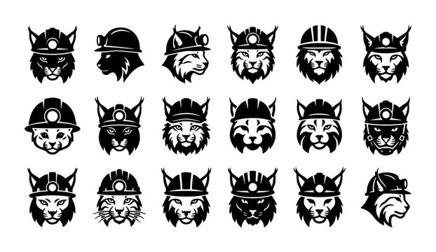 Lynx mascot logo set with 18 icons, wildcat miner wearing hard hat with lamp, industrial bobcat head vector illustrations for construction branding