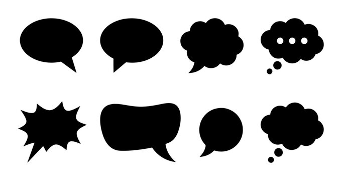 Black speech bubble silhouettes, 8 comic book thought clouds and chat icons, minimalist communication vector elements for dialogue and messaging