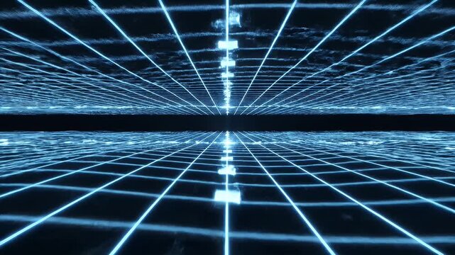 Abstract Blue Grid Tunnel with Light Streaks and Squares.