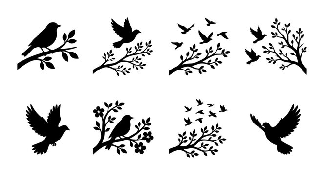 Black bird silhouette collection, flying birds and tree branch vector set, 8 nature icons with songbirds and floral twigs, minimalist wildlife graphics
