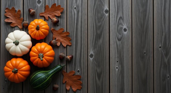 Autumnal arrangement of pumpkins and gourds on a rustic wooden background with leaves and acorns scattered around them