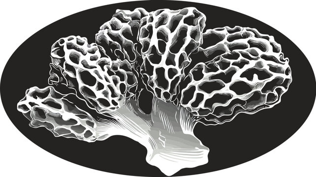 Monochrome illustration of a morel mushroom on a black oval background