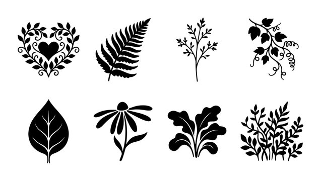 Black botanical silhouettes set of 8 icons, floral leaf and fern vector elements, decorative garden plant illustrations for wedding invitations