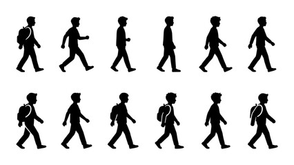 Fototapeta premium Walking boy silhouette set, school student with backpack walking cycle, 12 black vector figures of children in motion, young male character walking