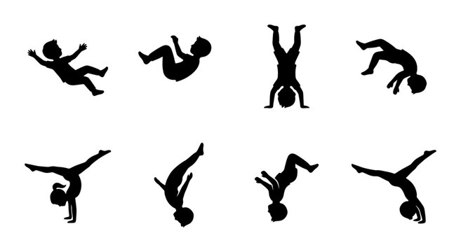 Active children silhouettes set, 8 vector icons of kids jumping and tumbling, black child gymnastics and parkour figures, playful youth movement graphics