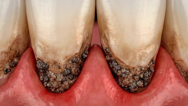 Close-up view of human teeth with dental plaque and calculus buildup, suitable for medical education, dental clinic promotion, hygiene, and research.