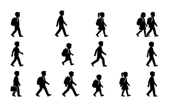 School children silhouettes walking with backpacks, set of 14 student vector icons, kids going to school back view and side view profile graphics